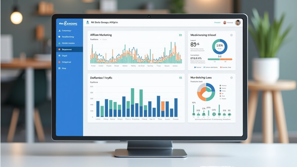 A dashboard of affiliate marketing analytics showing charts, graphs, and click-through rates