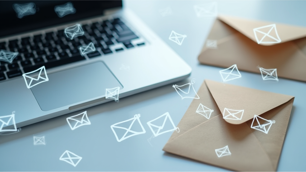 A flat lay photo of a laptop, a notebook, and an envelope, with digital email icons overlayed, suggesting email marketing activity.
