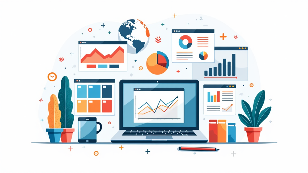 Colorful collection of modern digital tools and devices on a white background