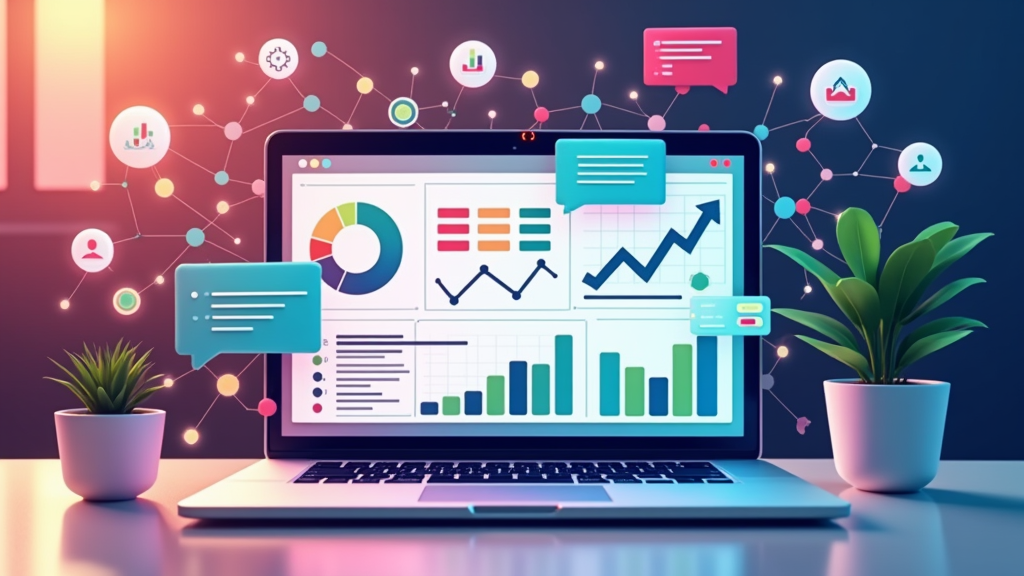 Colorful concept art of online affiliate marketing: laptops, charts, and digital networks.