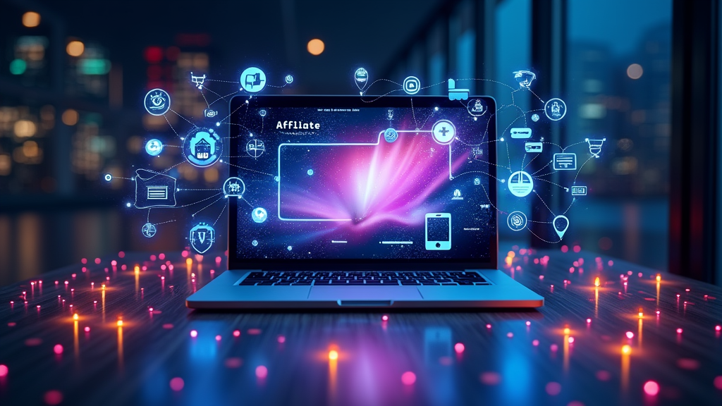 Futuristic illustration of digital marketing with abstract icons representing analytics, networks, and e-commerce