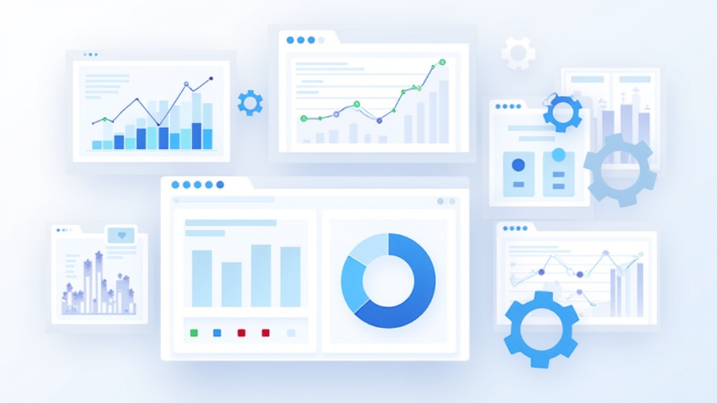 A graphic illustration of affiliate dashboard screens, performance graphs, and gears suggesting optimization.