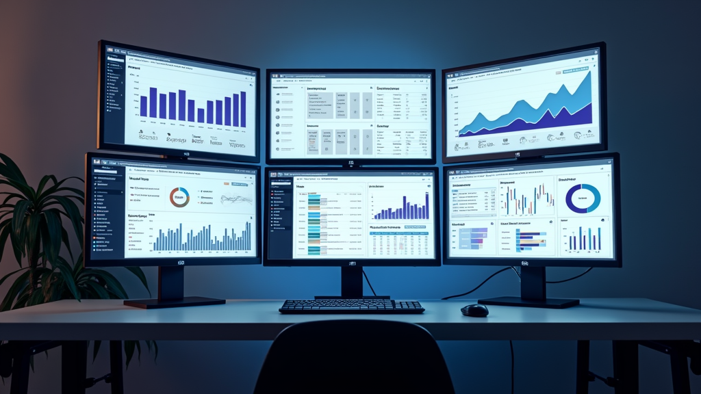 A modern computer desk with multiple monitors displaying affiliate dashboards, web analytics, and SEO tools.